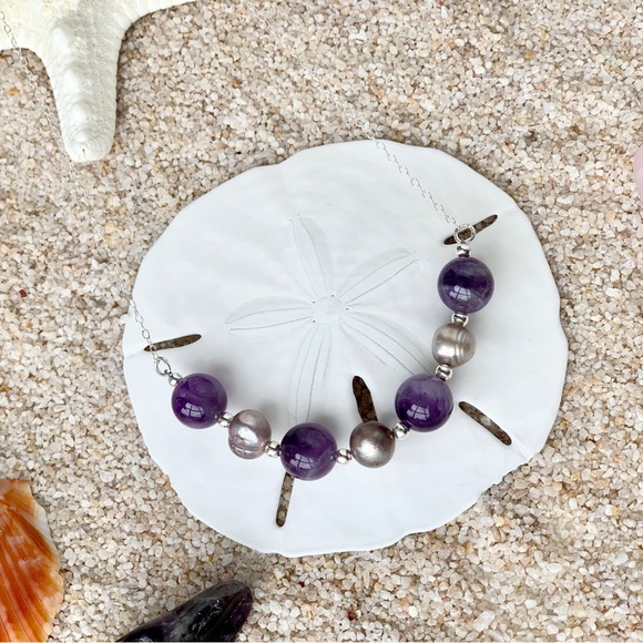 Sterling Silver Genuine Amethyst & Pearl Floating Necklace - Picture 2 of 3